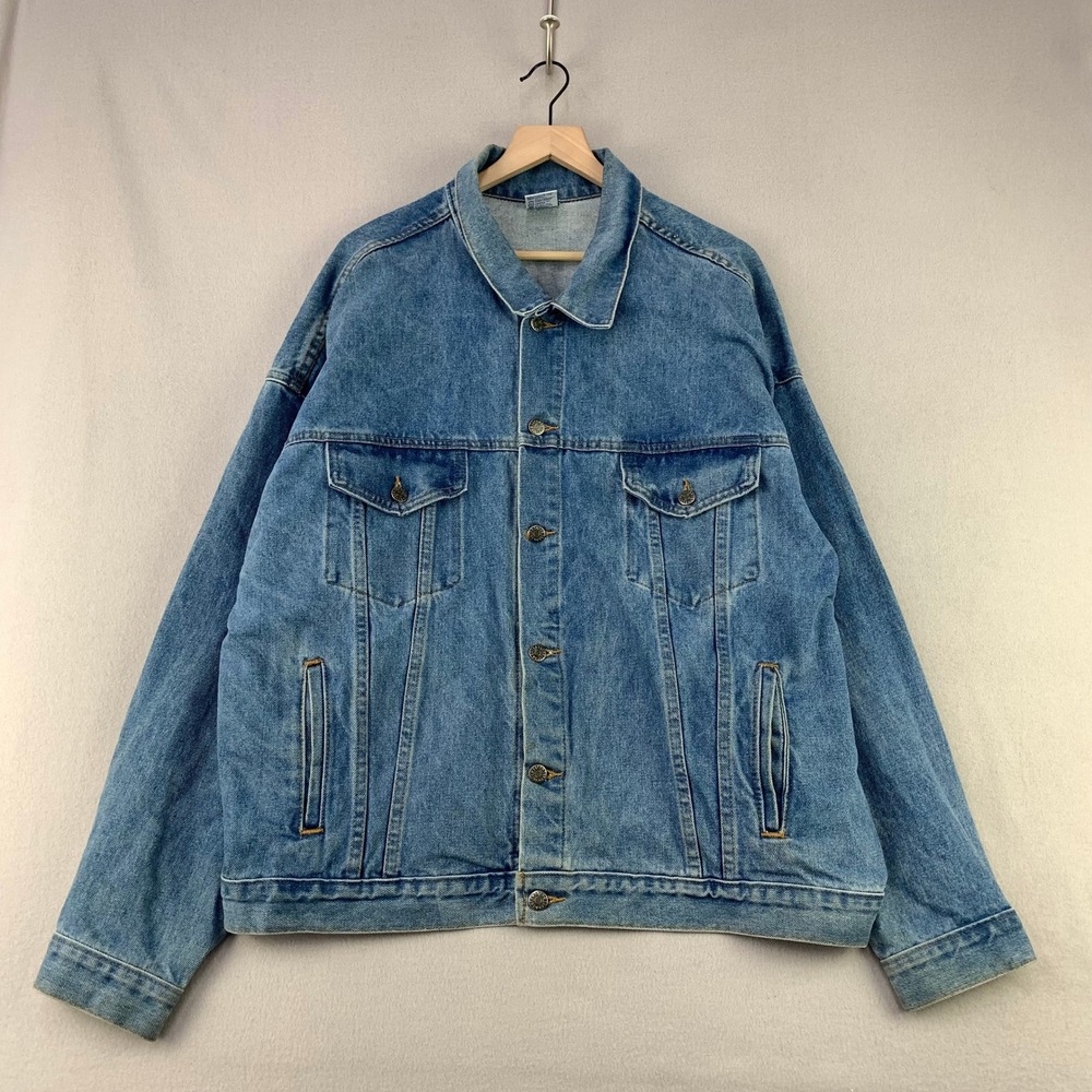 Vintage Jean Trucker Jacket Mens 2XL Blue Denim USA Gutterman's Choice Graphic